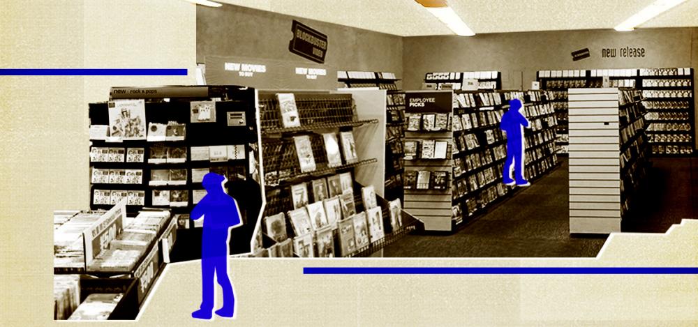 An image of inside a Blockbuster Video store with two blue silhouette figures standing the the aisles looking for videos.