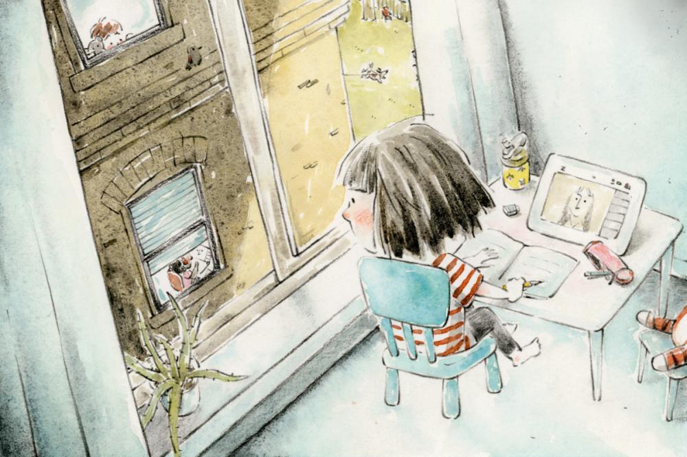 Illustration of a child looking out of a window.