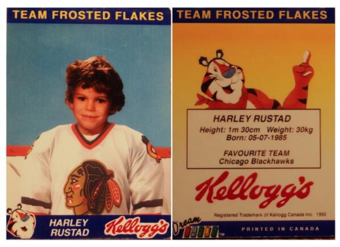 Image from the Frosted Flakes box that featured a young Harley Rustad in a Chicago Blackhawks jersey.