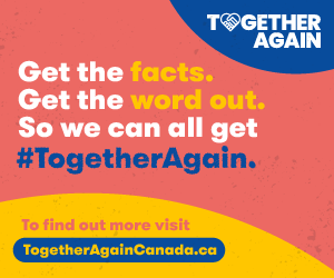 Big box ad for togetheragain.ca website on a yellow background.