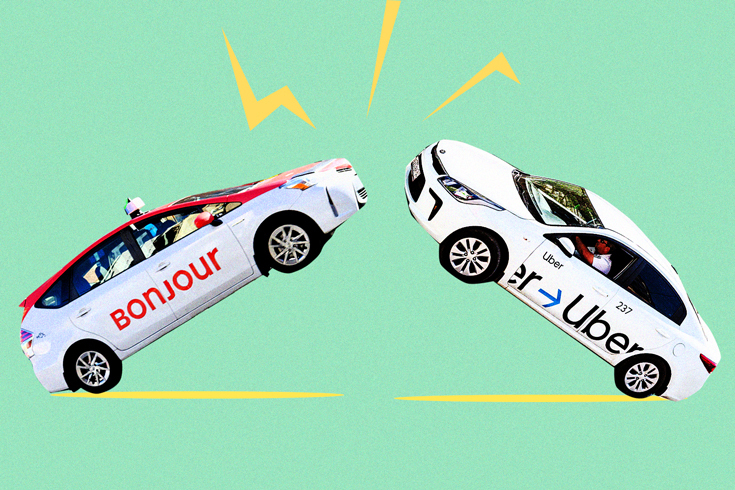 Illustration of two cars running into each other, one labelled Bonjour and one labelled Bonjour on a teal background.