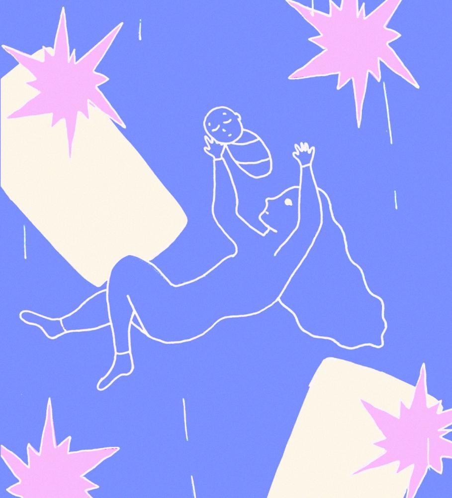 Line drawing of a woman catching a baby with iPhones behind her against a mauve background.