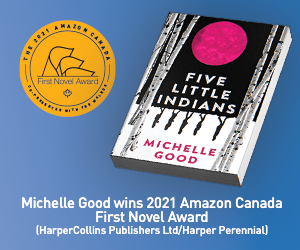 Leaderboard ad announcing Michelle Good's win of the 2021 Amazon First Novel Award on a blue background, featuring the cover of the book and the AFNA logo.