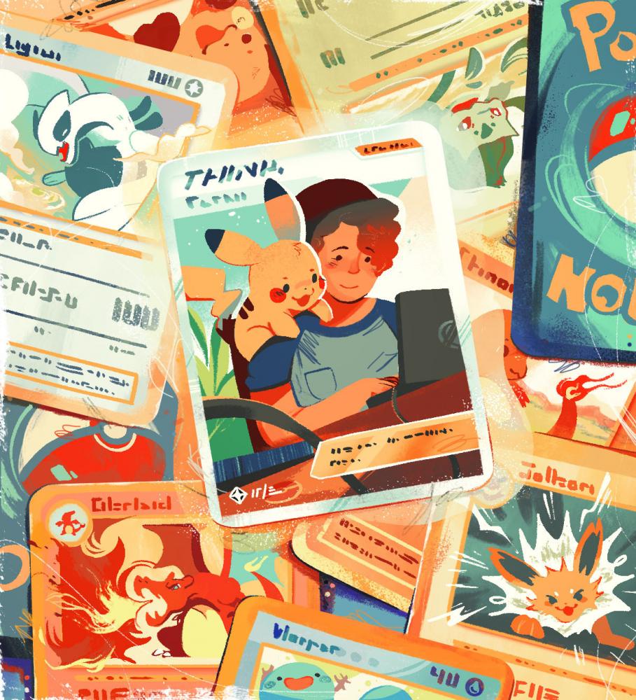 An illustration of a pile of Pokemon cards, featuring Pikachu