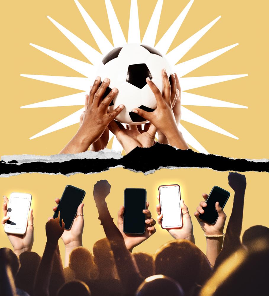 Above: Hands holding up a soccer ball. Below: Hands holding up phones.