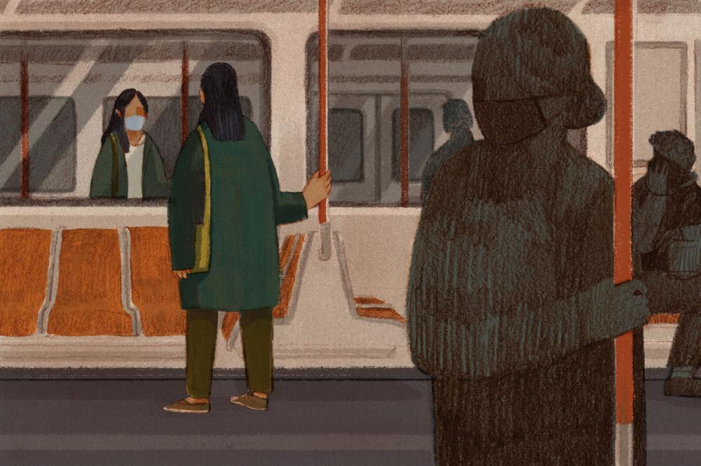 Illustration of a woman on the subway in a mask looking suspiciously at another masked passenger.